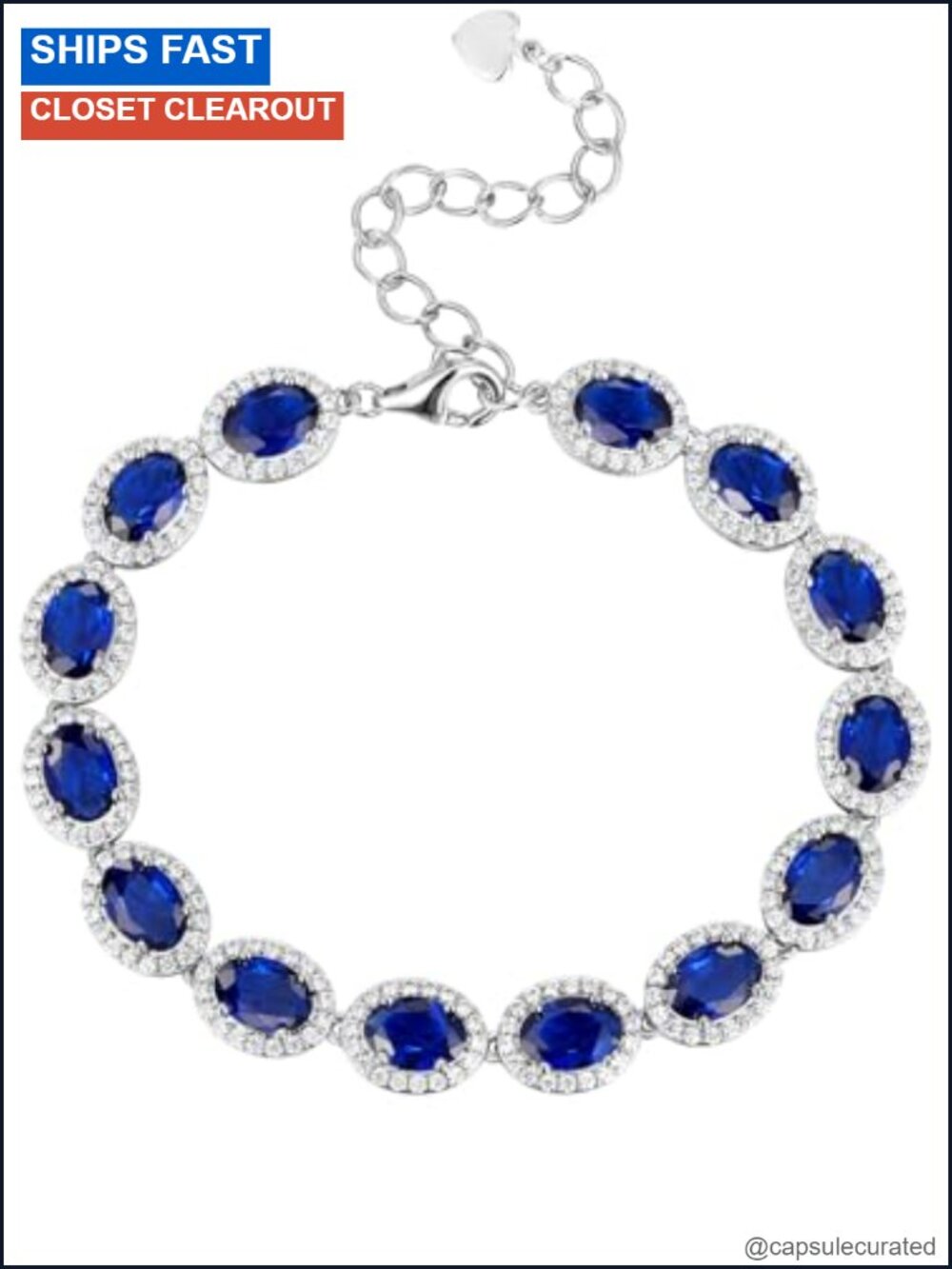 Rhodium Plated Simulated Sapphire Charm Bracelet Adjustable 6.7in